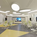 Bright School Classroom With Round Ceiling Lights Desks Chairs Large Screen Windows And Geometric Floor