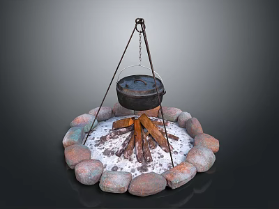 Outdoor Cooking Pot Hanging On Tripod Over Campfire With Stone Circle And Snow 3d model