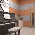 Piano Room Interior With Upright Piano Acoustic Panels And Potted Plant