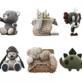 Cute Stuffed Animals Including Grey Teddy Bear Owl Plush Green Dinosaur Toy in Basket