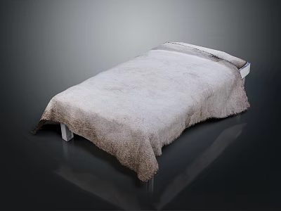 Modern Bed With Light Colored Furry Blanket And Wooden Frame On Dark Surface 3d model