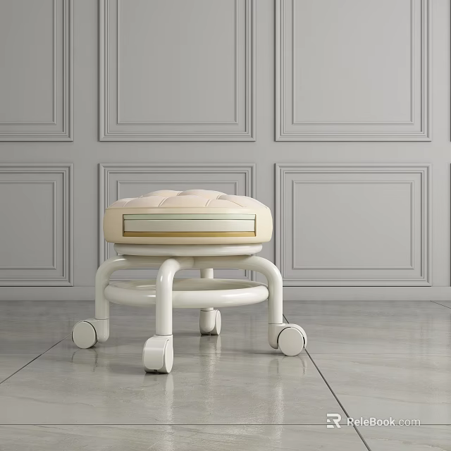 Tufted Upholstered Stool With Wheels And Metal Frame In Room With Gray Paneled Walls 3d model 