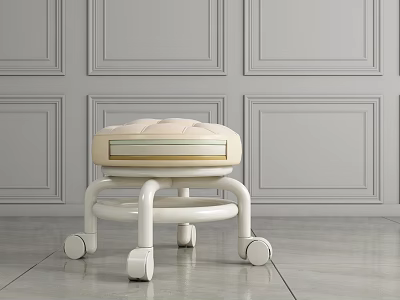 Tufted Upholstered Stool With Wheels And Metal Frame In Room With Gray Paneled Walls 3d model