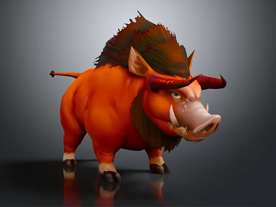 Orange Wild Boar 3D Model With Red Horns Shaggy Mane And Fierce Expression 3d model