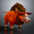 Orange Wild Boar 3D Model With Red Horns Shaggy Mane And Fierce Expression