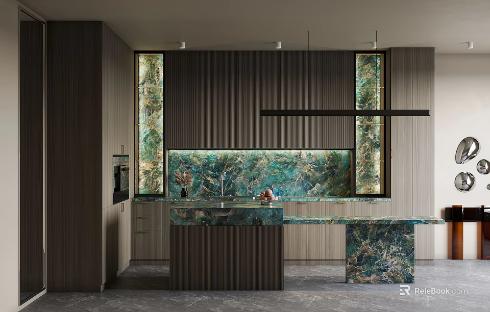 Modern Kitchen Interior With Dark Wood Cabinets Green Marble Island And Veined Backsplash 3d model 