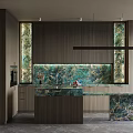 Modern Kitchen Interior With Dark Wood Cabinets Green Marble Island And Veined Backsplash