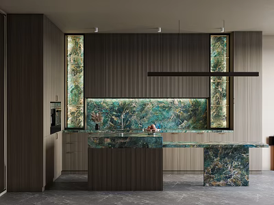 Modern Kitchen Interior With Dark Wood Cabinets Green Marble Island And Veined Backsplash 3d model