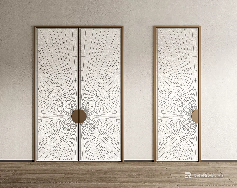 Double Doors with Radial Lines and Circular Accent in Wooden Frame Light-Colored Wall 3d model 