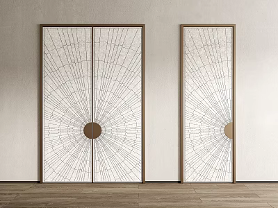 Double Doors with Radial Lines and Circular Accent in Wooden Frame Light-Colored Wall 3d model