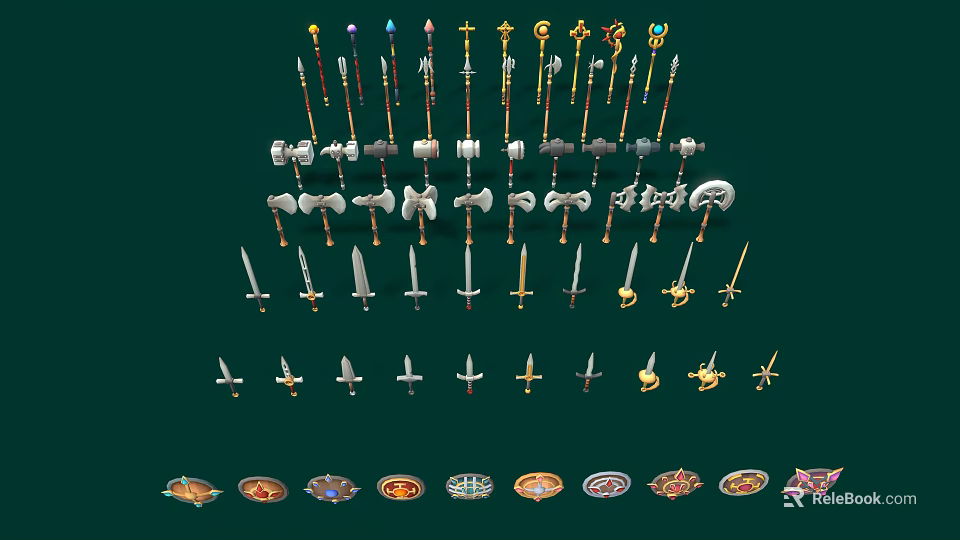 Collection of Medieval Weapons Featuring Spears Hammers Axes Swords and Shields 3d model 