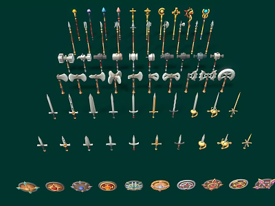 Collection of Medieval Weapons Featuring Spears Hammers Axes Swords and Shields 3d model