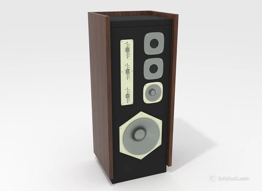 Floor Standing Audio Speaker With Wooden Frame Black Gray Panel And Three Round Drivers 3d model 