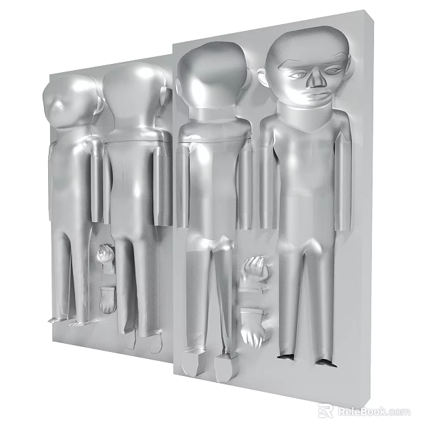 Silver Metallic Human Shaped Sculptures Four Standing Figures Arranged In Row 3d model 