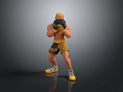 Muscular Man Wearing Black Yellow Boxing Gloves Yellow Shorts And Yellow Shoes In Fighting Stance 3d model