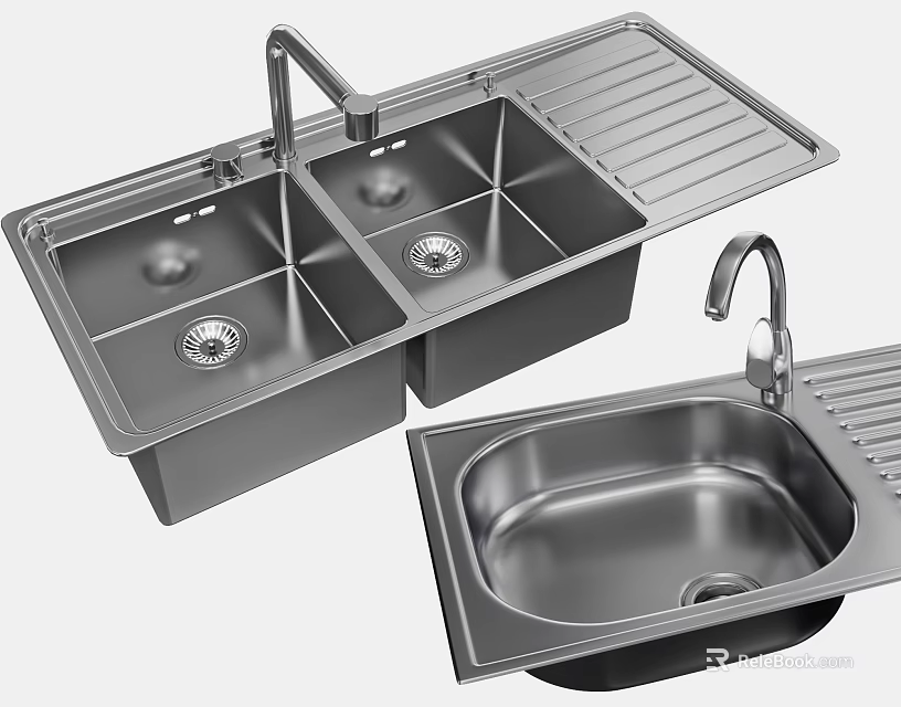 Stainless Steel Double Bowl Kitchen Sink With Faucet And Drainboard For Modern Kitchen 3d model 