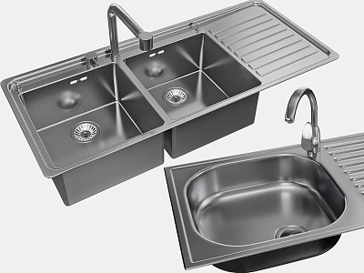 Stainless Steel Double Bowl Kitchen Sink With Faucet And Drainboard For Modern Kitchen 3d model