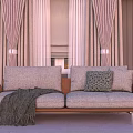 Modern Two Seater Sofa with Light Gray Cushions Brown Armrests Throw Blanket and Pink Curtains