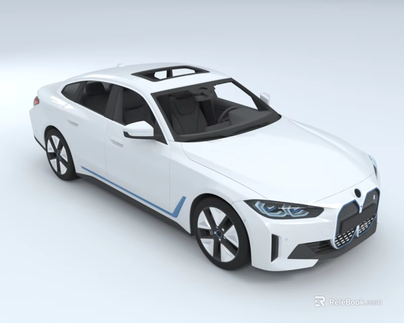 White Electric Car With Sunroof Blue Stripe Black Wheels And LED Headlights 3d model 