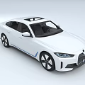 White Electric Car With Sunroof Blue Stripe Black Wheels And LED Headlights