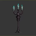 Ornate Red Candelabra With Three Arms And Blue Green Flaming Candles