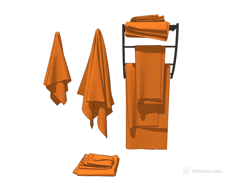 Orange Towels Hanging And Folded On Towel Rack For Bathroom Use 3d model 