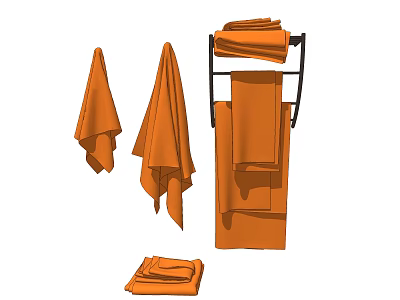 Orange Towels Hanging And Folded On Towel Rack For Bathroom Use 3d model