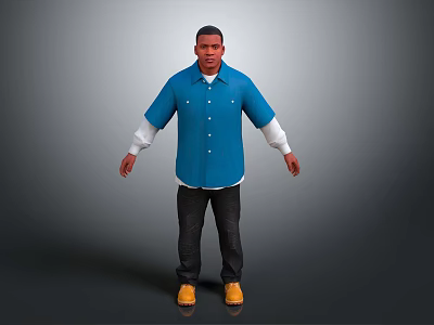 Man Wearing Blue Shirt With White Sleeves Black Pants And Yellow Shoes On Gray Background 3d model