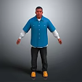 Man Wearing Blue Shirt With White Sleeves Black Pants And Yellow Shoes On Gray Background