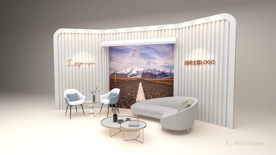 Modern Background Wall with Vertical Stripes and Mountain Road Landscape in Elegant Living Room 3d model 