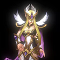 Mythical Woman With Golden Long Hair Winged Crown White Dress Purple Cape Holding Sword