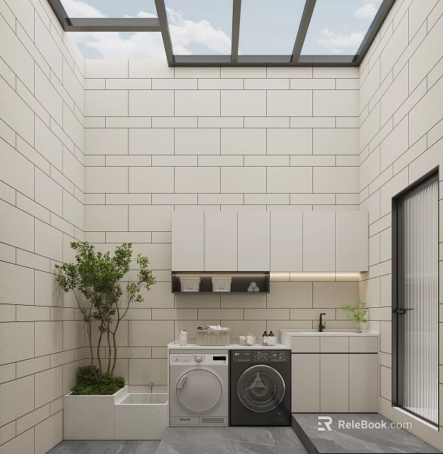 Laundry Room With White Tile Walls Washing Machine Dryer White Cabinets Green Plant And Skylight 3d model 