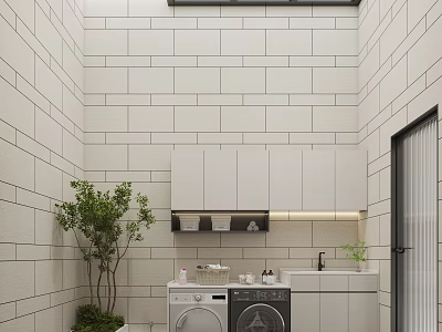 Laundry Room With White Tile Walls Washing Machine Dryer White Cabinets Green Plant And Skylight 3d model