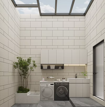 Laundry Room With White Tile Walls Washing Machine Dryer White Cabinets Green Plant And Skylight 3d model