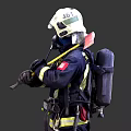 Men in Firefighter Full Protective Gear Helmet Oxygen Tank Rescue Tools Front and Back View