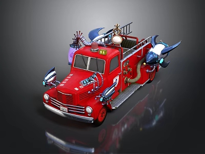 Red Fire Truck With Decorative Wings Ladder And Stylized Equipment Details 3d model