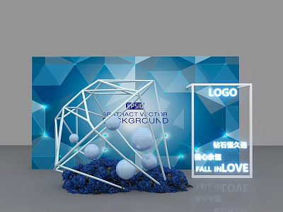 Diamond Shaped Display With Blue Background White Spherical Decorations Logo And Fall In Love Text 3d model