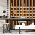 Traditional Tea Room Interior With Wooden Partition Tea Sets And Stool Seating