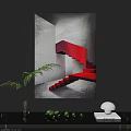Abstract Painting With 3D Red Staircase Geometric Design Gray White Background Modern Interior Artwork