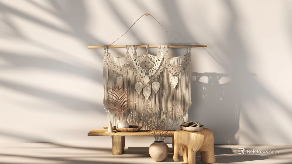 Bohemian Macramé Wall Decor With Wooden Hanger Tassel Details And Leaf Ornaments 3d model 
