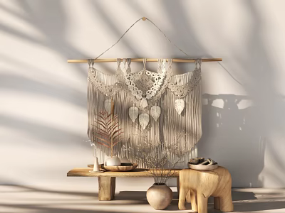 Bohemian Macramé Wall Decor With Wooden Hanger Tassel Details And Leaf Ornaments 3d model