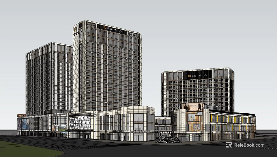 Modern Commercial Complex With High Rise Buildings Glass Curtain Walls And Low Rise Retail Areas 3d model 