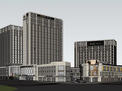 Modern Commercial Complex With High Rise Buildings Glass Curtain Walls And Low Rise Retail Areas 3d model