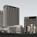 Modern Commercial Complex With High Rise Buildings Glass Curtain Walls And Low Rise Retail Areas