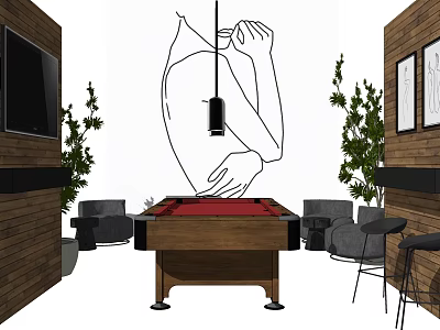 Modern Sports Equipment Pool Table In Interior With Wooden Walls Sofas Plants And Hanging Lamp 3d model