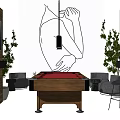 Modern Sports Equipment Pool Table In Interior With Wooden Walls Sofas Plants And Hanging Lamp