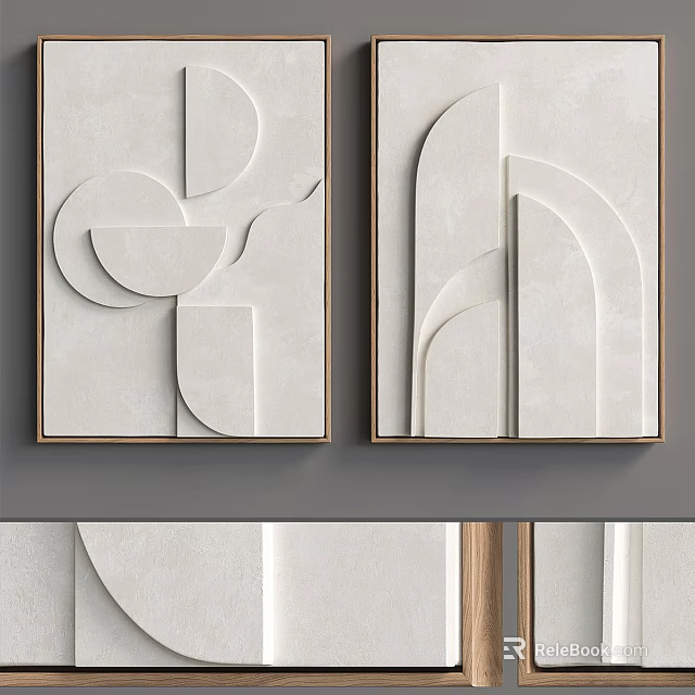 Minimalist Abstract Geometric Wall Art With Light Tones And Wooden Frames 3d model 