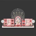Red Cosmetics Display Stand With Lipsticks Eyeshadow Perfume And Model