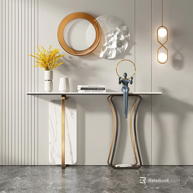 Modern Console Table With Marble Top Metal Frame Yellow Flowers Sculpture And Round Mirror 3d model 