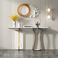 Modern Console Table With Marble Top Metal Frame Yellow Flowers Sculpture And Round Mirror
